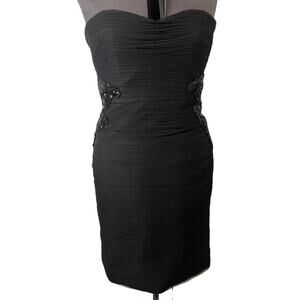 Monique Lhullier Black Sweetheart Strapless Ruched Mesh Bead Waist Dress • Sz 12